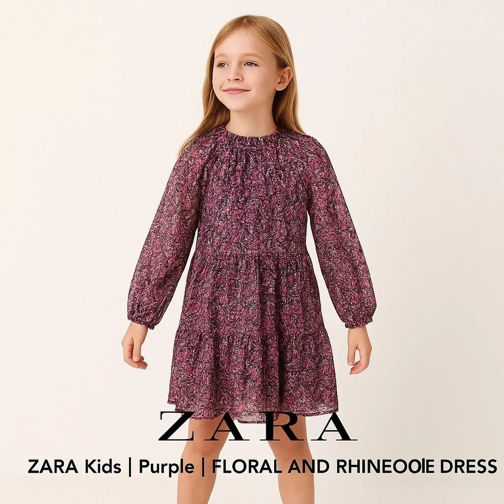 Zara Kids Purple Floral Rhinestone Dress Sizes 6 8 9 NWT Long Sleeve Girls Dress
